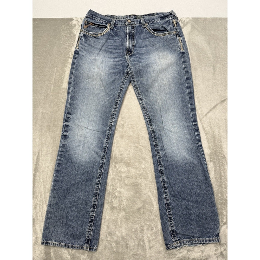Ariat M5 Jeans Mens 38x36 Slim Straight Blue Denim Whiskers Western Cowboy Rodeo